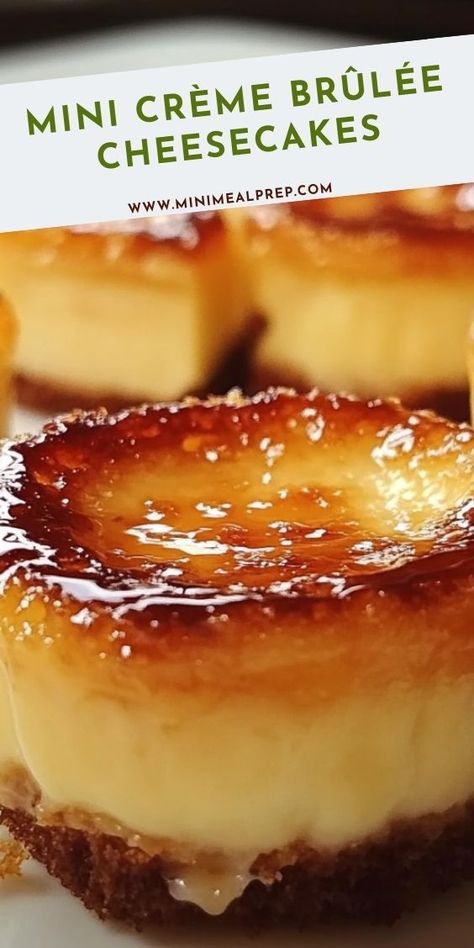 These mini crème brûlée cheesecakes deliver the creamy, velvety texture of cheesecake topped with a crunchy caramelized sugar layer, offering the perfect bite of luxury in every piece. Mini Cream Brulee Cheesecake, Mini Creme Brulee Cheesecake, Cream Brulee Cheesecake, Brulee Cheesecake, Creme Brulee Cheesecake, Mini Dessert Recipes, Brulee Recipe, Dessert Recipies, Dessert Spread