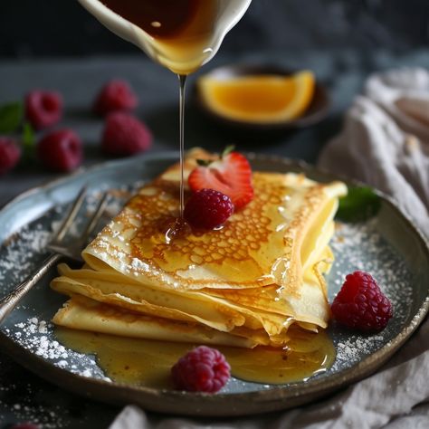 Crepes suzette Ingredients: • 125g of flour • 2 eggs • 30g of sugar • 25cl of milk • 50g butter • 1 pinch of salt • 1 orange • 10cl of Grand Marnier • 50g of sugar Preparation: 1. Mix the flour, eggs, sugar, milk, 20g of melted butter and a pinch of salt to obtain a pancake batter. 2. Cook the pancakes in a pan with a little butter. 3. Grate the zest and squeeze the juice from the orange. 4. Melt 30g of butter with the sugar, add the orange juice and zest, then the Grand Marnier. 5. Fold the ... 2 Eggs, Grand Marnier, Pancake Batter, Pinch Of Salt, Orange Juice, Melted Butter, Pretty Food, Flour, Pancakes