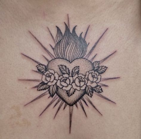 Secret Heart Tattoo, Simple Sacred Heart Tattoo, Heart Chest Tattoo Female, Small Catholic Tattoos For Women, Mexican Sacred Heart Tattoo, Sacred Heart Tattoo Women, Mexican Rose Tattoo, Milagros Tattoo, Sacred Heart Chest Tattoo Female