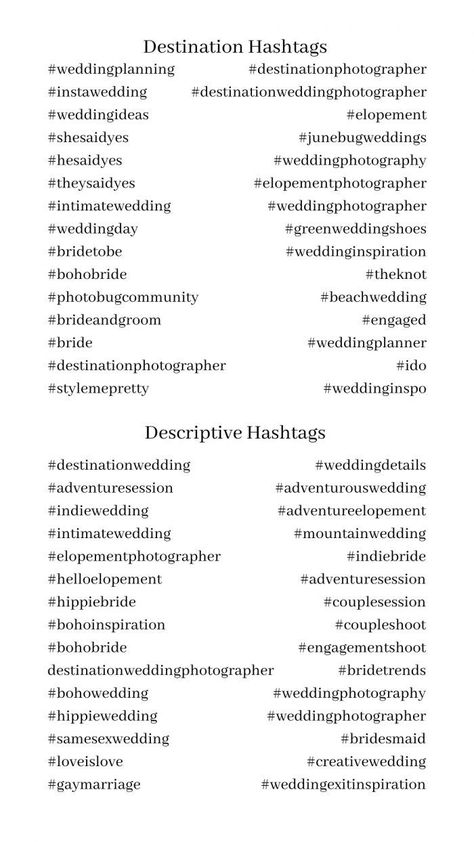 We’ve got your back with the ultimate Instagram hashtag guide for wedding photographers. This guide will help you broaden your reach and ensure your stunning photos get the attention they deserve. Photography Hashtags Instagram, Hashtag For Wedding, Hashtags For Photographers, Cute Wedding Hashtags, Hashtag For Instagram, Instagram Hashtags For Likes, Post Schedule, Wedding Photography Marketing, Photography Hashtags