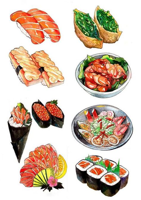 Japanese Food Illustration, Food Doodles, Animation Anime, 귀여운 음식 그림, Food Artwork, Food Sketch, Food Cartoon, Food Illustration Art, Watercolor Food