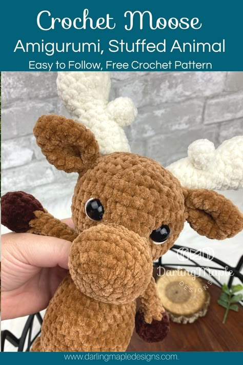 Get ready to crochet your own adorable Moose! Our free Moose Amigurumi pattern is designed to be easy-to-follow, low sew, and a quick project, making it perfect for crafters of any skill level. It also makes a great gift for that special moose lover in your life. Don't wait, start crocheting your moose today. Follow us for more great patterns! Buffalo Crochet Pattern Free, Moose Crochet Pattern Free, Crochet Moose Pattern Free, Crochet Moose Lovey, Moose Crochet Pattern, Squishy Animals, Crocheted Stuffies, Crochet Fox Pattern Free, Animal Stuffies