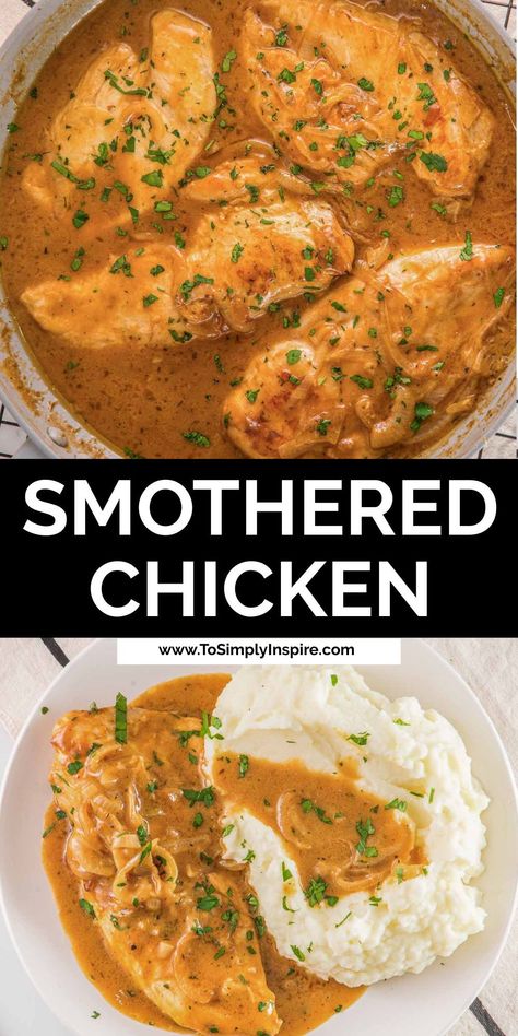 Smothered chicken is a 30-minute, one-pan meal made with tender, seasoned chicken breasts and caramelized onions simmered in a homemade gravy served with mashed potatoes, rice, or pasta! Chicken Breast Gravy Recipe, Chicken Rice And Gravy, Easy Smothered Chicken, Smothered Chicken Recipe, Pan Chicken Breast, Chicken Mashed Potatoes, Smothered Chicken, Chicken Breast Recipes Easy, Seasoned Chicken