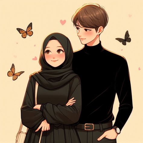 Same Dp For Couples Cartoon, Hijab Cartoon Couple, Same Dpz For Couples Cartoon, Couple Islamic Dp, Islamic Couple Dp Cartoon, Girly M Instagram, Estilo Hijab, Cartoon Love Photo, Anime Muslim