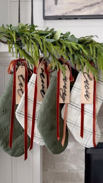 Jennifer on Instagram: "kept this year’s mantle pretty + simple. I twisted together 2 realistic pine garlands and 2 eucalyptus garlands, added bells on one end, and our stockings on the other. I used the same ribbon that I have in our tree on our stockings to keep things cohesive. Oh, and I added lights. Can’t forget the lights ✨ . . . Wanna know where it’s from? Click the link in my bio to shop this look or Follow my shop @our.dwelling.place on the @shop.LTK app to shop this post and get my exc Ribbon For Hair, Ribbon For Gift Wrapping, Dwelling Place, Ribbon For Gift, Christmas Stockings Diy, Christmas Mantle, Christmas Mantels, Wedding Ribbon, Holiday Home Decor