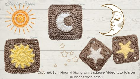 Moon And Stars Crochet Blanket, Granny Square Video, Star Granny Square, Market Patterns, Crochet Sun, Granny Square Crochet Patterns Free, Star Blanket, Crochet Blocks, Crochet Design Pattern