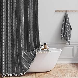 BTTN Boho Farmhouse Shower Curtain - Linen Rustic Striped Fabric Shower Curtain Set with Tassel, Water Repellent, Bohemian Vintage Country Cloth Shower Curtain for Bathroom, Charcoal Grey, 72x72 Long Shower Curtain, Extra Long Shower Curtain, Gray Shower Curtains, Farmhouse Shower Curtain, New House Bathroom, Long Shower Curtains, Cloth Shower Curtain, Geometric Shower Curtain, Dark Bathrooms