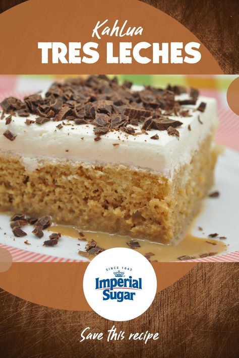 Indulge in the delightful flavors of our Kahlua Tres Leches Cake recipe! This moist cake is soaked in a luscious coffee-infused milk mixture, creating a heavenly dessert. Top it with fluffy Creme Chantilly and chocolate shavings for an irresistible treat. Save this recipe and bake this delicious cake today! Holiday Themed Cakes, Tres Leches Cake Recipe, Best Cake Ever, Moist Cake, Poke Cakes, Tres Leches Cake, Dessert Chocolate, Best Cake Recipes, Icebox Cake