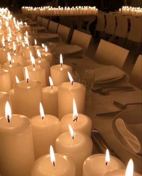 Dinner Table Decor With Candles, Table Full Of Candles, Candles Instead Of Flowers Wedding Ideas, All Candle Centerpiece Wedding, Wedding With Candles Everywhere, Candle Heavy Wedding Table, Candle Only Reception, Candles On Table, Wedding Table Candles