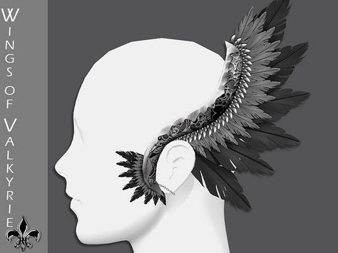 Wings of the Valkyrie - Ear Piece Wings Earrings Head Piece SecondLife Second Life Ear Wings Drawing, Wings On Head Character, Wing Ears Drawing, Wings On Head, Head Piece Fashion, Head Accessories Wings, Hawks Wings Diy, Wing Ears, Bow Poses