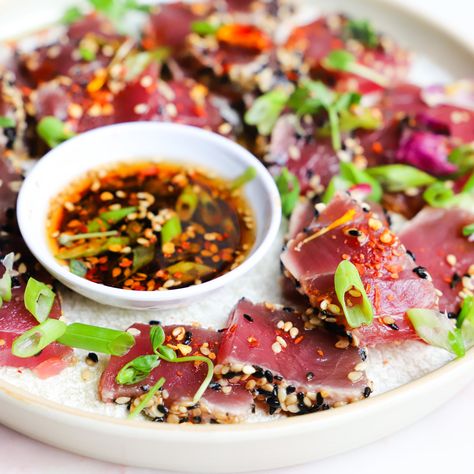 Seared Tuna Marinade, Ahi Tuna Appetizers For Party, Tuna Tataki Sauce, Ahi Tuna Appetizer Recipes, Tuna Shasimi, Tuna Ahi Recipes, Ahi Tuna Ceviche, Tuna Tataki Recipe, Tataki Sauce Recipe