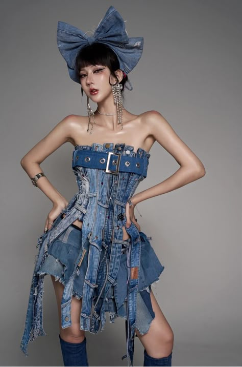 Recycled Denim Fashion Runway, Upcycled Denim Corset, Denim Avant Garde Fashion, Denim Blue Patchwork Denim Top, Fitted Denim Patchwork Dress, Retro Futurism Fashion, Boho Prom Dress, Futurism Fashion, Denim Refashion