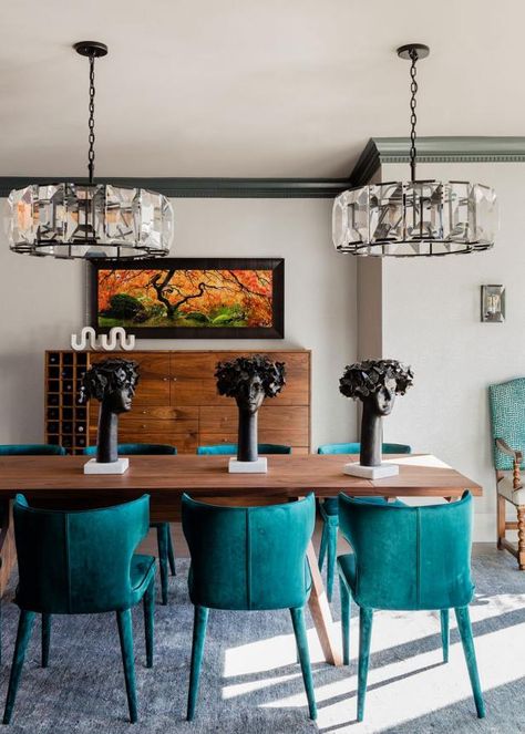 Turquoise Dining Chairs, Turquoise Dining Room, Turquoise Cabinets, Turquoise Chair, Teal Curtains, Family Dinner Table, Blue Velvet Chairs, Blue Chairs, Eclectic Dining Room