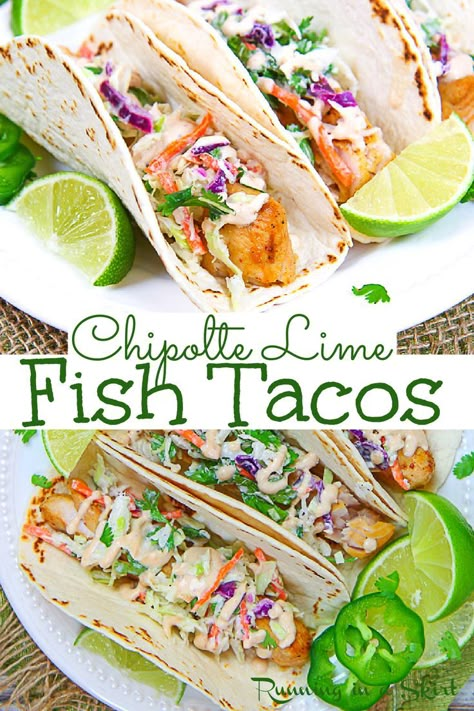 Fish Tacos Recipe with Cabbage Slaw - Easy & Healthy! Mahi Mahi Fish Tacos with Chipolte Lime Sauce and a simple Cilantro Lime Slaw. Healthy and simple with no mayo - uses greek yogurt instead for the creamy dressing. Includes directions to grill or oven bake the fish. Looking for healthy Mexican recipes or Taco Tuesday recipes? This is it! Pescatarian / Running in a Skirt #pescatarian #healthymexican #tacotuesday #tacos #fishtacos Simple Fish Tacos Recipes, Fish Taco Slaw Dressing, Greek Yogurt Fish Taco Sauce, Fish Tacos With Cabbage Slaw Dressing, Baked Fish Tacos With Cabbage Slaw, Fish Tacos With Cabbage Slaw Easy, Grilled Fish Tacos With Cabbage Slaw, Cabbage Slaw For Fish Tacos, Mahi Mahi Tacos Recipe