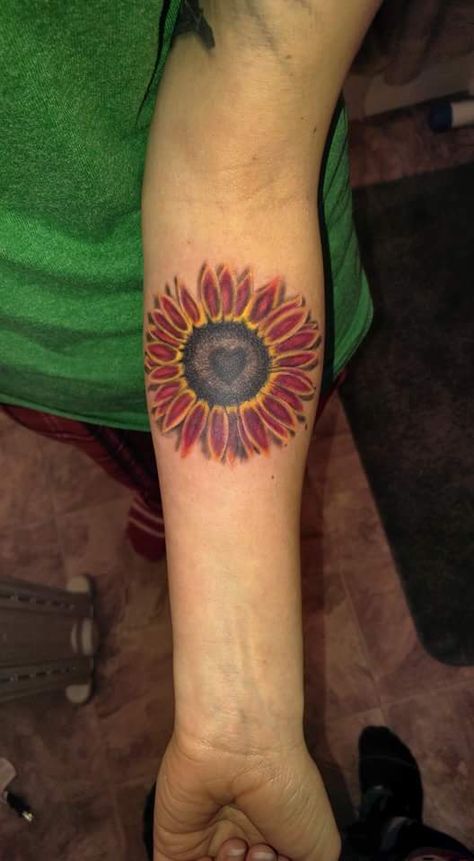 Red Orange Sunflower Tattoo, Red Sunflowers Tattoo, Maroon Sunflower Tattoo, Burgundy Sunflower Tattoo, Red And Yellow Sunflower Tattoo, Sunflower Cluster Tattoo, Red Sunflower Tattoo, Watercolor Sunflower Tattoo, Sunflower Tattoo Shoulder