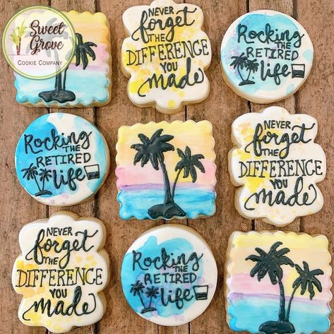 Beach Retirement Cookies, Teacher Retirement Cookies, Retirement Sugar Cookies, Retirement Cookies, Teacher Retirement Parties, Retired Life, Beach Cookies, Edible Creations, Cookie Company