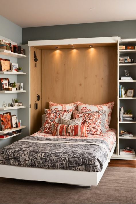 20 Creative Bedroom Ideas for Small Rooms for Teens You Can’t-Miss – The Crafty Hacks Bed In Closet Ideas Tiny Bedrooms, Bookshelf Next To Bed, Bed Inside Closet, Small Room Queen Bed, Creative Bedroom Ideas, Vibrant Bedding, Closet Small Bedroom, Bookshelf Headboard, Bed In Closet Aesthetic