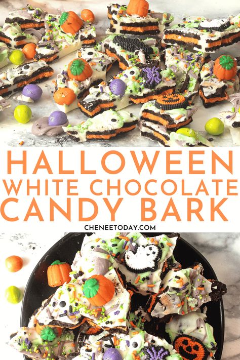 Best easy halloween bark recipes! Made with halloween candy, white chocolate, and Oreo cookies, this  boo bark is perfect for your leftover candy corn, peanut butter cups , and other candies from the spooky holiday! The perfect homemade chocolate treat for fall! #candybark #boobark #halloweencandy #halloweenbark #whitechocolatebark Recipes With Oreo Cookies, White Chocolate Bark Recipes, Halloween Bark Recipes, Halloween Food For Adults, Almond Bark Recipes, Halloween Candy Recipes, Halloween Candy Bark, Halloween Bark, Bark Recipes