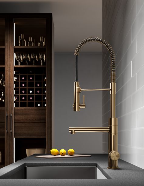 A commercial style kitchen faucet that exemplifies modern-industrial style and innovation that really works Contemporary Kitchen Faucet, Kitchen Faucet Ideas, Industrial Kitchen Faucet, Restaurant Design Rustic, Commercial Style Kitchen, Gold Kitchen Faucet, Modern Kitchen Backsplash, Modern Kitchen Faucet, Ecological House