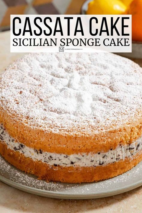 An easier version of traditional Italian cassata cake, with tow citrus and honey-flavored sponge cakes layered with ricotta and chocolate. Italian Cassata Cake Recipe, Cassata Cake Recipe, Orange Cake Recipes, Cassata Cake, Ricotta Chocolate, Italian Sponge Cake, Best Mediterranean Recipes, Famous Shoes, Lazy Cooking