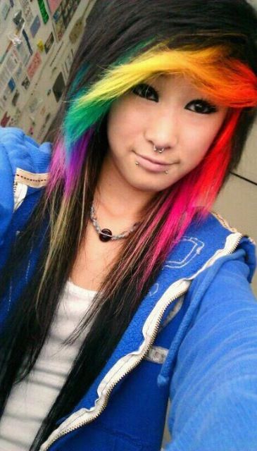 Blonde Pony, Rainbow Highlights, Emo Hairstyles, Hair Rainbow, Emo Scene Hair, Cute Hair Colors, Rainbow Hair Color, Multi Colored Hair, Different Hair Colors