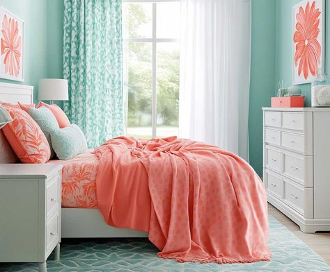 10+ Playful Bedroom Inspiration Looks with Coral and Aqua • 333+ Inspiring Lifestyle Ideas Turquoise And Coral Bedroom, Playful Bedroom, Coral Curtains, White Platform Bed, Curtain Designs For Bedroom, Coral Bedroom, Coral And Aqua, Aqua Walls, Aqua Decor