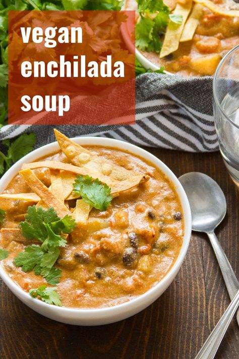 Soup Enchilada, Vegan Tortilla Soup, Vegan Tortilla, Vegan Enchiladas, Tortilla Strips, Soup Vegan, Enchilada Soup, Vegan Soup Recipes, Vegetarian Meal