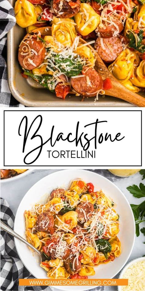 Food On A Griddle, Kielbasa And Tortellini Blackstone, Black Stone Grill Dinner Ideas, Tortellini Recipes On The Blackstone, Cheese Tortellini Recipes Blackstone, Sausage Blackstone Recipes, Toddeloni Blackstone, Blackstone Grill Tortellini, Blackstone Italian Recipes