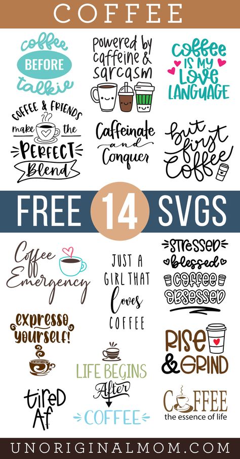 14 Free Coffee SVGs - use your Silhouette or Cricut to make tons of DIY gifts for coffee lovers! Free Coffee Cup Svg Files For Cricut, Coffee Vinyl Ideas, Free Svg Files For Cricut Coasters, Mom Mugs Vinyl, Coaster Svg Free, Coffee Cricut Ideas, Coffee Diy Crafts, Coffee Coaster Ideas, Free Coffee Svg Files For Cricut