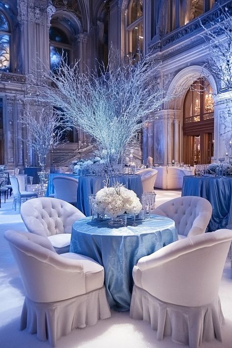 Winter Wonderland: Transform Your Event Into a Magical Snowy Escape – A Sparkly Life for Me Winter Wonderland Quinceanera Theme Royal Blue, Christmas Party Venue Decorations, Winter Theme Party Decorations, Winter Formal Dance Themes, Winter Wonderland Office Party, Winter Wonderland Prom Theme, Winter Wonderland 16th Birthday Party, Winter Gala Decorations, Winter Wonderland Dinner Party