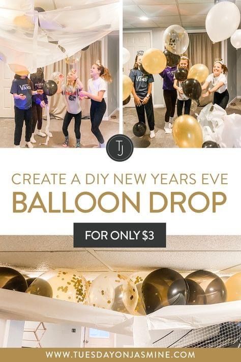 New Year’s Eve Decorations For Kids, Kids Diy New Years Eve, Dropping Balloons From Ceiling, Nye House Party Ideas Families, How To Make A Balloon Drop New Years Eve, Diy New Year’s Eve Ball Drop, Ballon Drop Diy New Years, New Years Birthday Party For Kids, New Years Decoration Ideas Diy