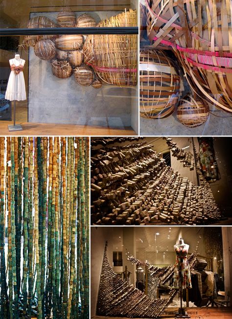 Pretty Anthropolgie Displays. oh anthro, where'd you get all those damn corks? nice ruth asawa inspired baskets. good dc. Anthropologie Displays, Cardboard Basket, Anthropologie Window Display, Anthropologie Display, Calligraphy Graphic Design, Ruth Asawa, Styling Flowers, Groom's Suit, Store Window Displays