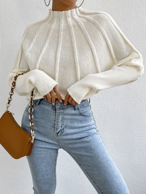 Batwing Sleeve Sweater, Elegante Y Chic, Dolman Sleeve Sweater, Pullover Outfit, White Turtleneck, Looks Street Style, Long Sleeve Pullover Sweater, 가을 패션, Batwing Sleeve