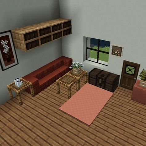 Mc Living Room Ideas, Minecraft Small Living Room Ideas, Small Living Room Minecraft, Minecraft Building Ideas Living Room, Living Room Design Minecraft, Minecraft Sitting Room, Living Room Ideas In Minecraft, Minecraft Furniture Ideas Living Rooms, Cute Minecraft Living Room