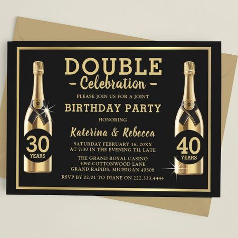 $1.90 | Gold Champagne Elegant Double Birthday Party #double celebration, joint birthday party, twins, elegant, gold, black, adult, birthday, champagne, party Double Birthday Party, Gold Champagne Bottle, Birthday Setup, Double Birthday Parties, Black And Gold Invitations, Elegant Birthday Party, Twins Birthday, Champagne Party, Gold Birthday Party