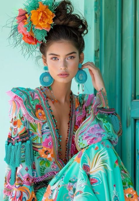 Flamenco Inspired Outfit, Mexican Inspired Photoshoot, South America Fashion, Mexican Wear, Mexican Inspired Dress, Cuban Fashion, Woman With Flowers, Mexican Fashion, Mode Hippie