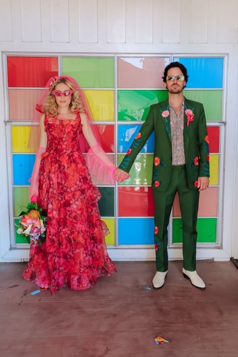 A Pink Wedding Dress for this Maximalist Wedding at Madonna Inn Pink Floral Gown, Dani Dazey, Trixie Motel, Maximalist Wedding, Bright Pink Wedding, Colorful Weddings, Madonna Inn, 2024 Bride, Funky Wedding