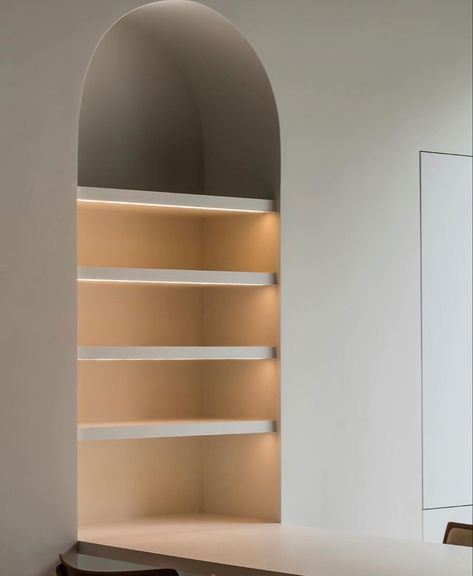 Curved Wall Shelves, Curved Open Shelving, Arch Shelving Unit, Inset Arch Shelf, Recessed Arch Shelf, Arch Built In Shelves Light, Esthetician Room, Fired Earth, Curved Walls