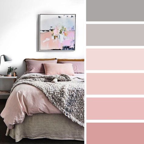 This bedroom is very chill and has neutral colors presented. However I would exchange the pink colors for different shades of purple. Hygge Living Room, Best Color Schemes, Bedroom Colour, Living Room Decor Gray, Bedroom Colour Palette, Gorgeous Bedrooms, Grey Color Scheme, Room Color Schemes, Grey Bedroom