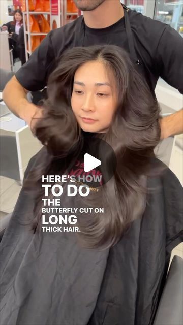 Gilad | Hair Video Education on Instagram: "Butterfly Cut 🦋 for long, thick hair 🥵  Sound up 🔈 for tips on how to cut this popular layered haircut.  Watch the sectioning to gain control over your layering, and use over-direction to cut a consistent shape that flows from short layers in to long length.  Do you like doing this haircut? 💇🏻‍♀️   #haircut #haircutting #haircutvideo #haircuttutorial #hairtutorial #howtobeauty #hairstyletutorial #butterflycut #longhair #asianhair #hairvideos #haireducation #nychairstylist #nychairsalon #modernXulta #modernsalon #ultabeauty #salonatultabeauty #ultabeautydesignteam #ad" Butterfly Layers For Long Hair, Butterfly Haircut Long Hair Asian, How To Cut Your Own Hair Butterfly, Butterfly Cut Hair Long Layers, Butterfly Haircut Thick Hair, Long Hair Butterfly Haircut, Butterfly Haircut Long Hair Tutorial, Butterfly Haircut Video, Diy Haircut Long Hair