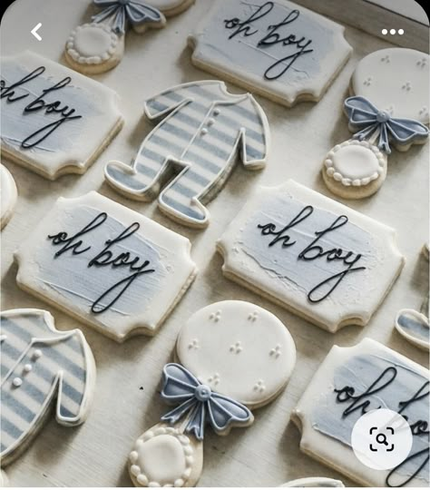 Baby Boy Shower Cookie Ideas, Baby Boy Sugar Cookies Royal Icing, Baby Sprinkle Cookies Boy, Oh Baby Cookies Decorated, Oh Boy Cookies Decorated, Boy Baby Shower Cookies Decorated, Blueberry Baby Shower Cookies, Neutral Blue Baby Shower Ideas, Oh Boy Baby Shower Cookies