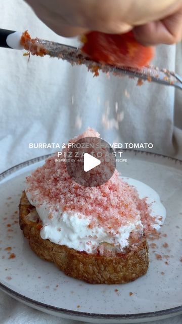 Shaved Frozen Tomato Burrata, Frozen Tomato Burrata, Frozen Tomato Recipes, Pizza Toast Recipe, Olive Oil Pizza, Freezing Tomatoes, Pizza Toast, Tomato Pizza, Tomatoes On Toast