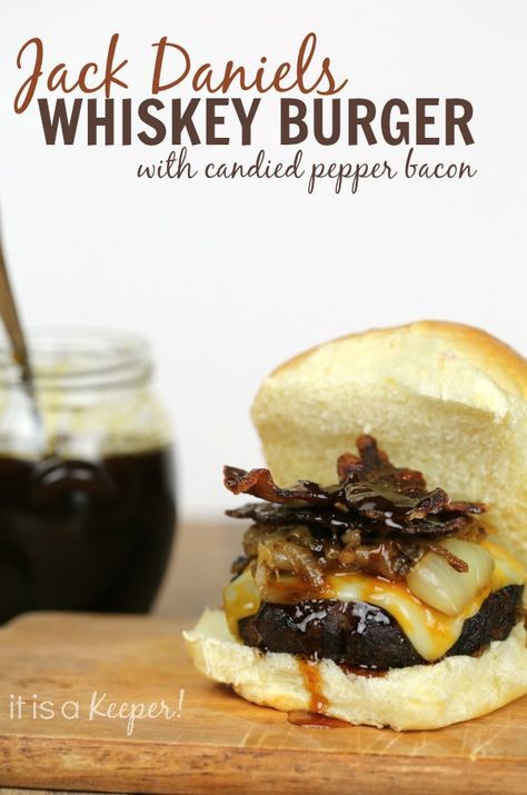 This Jack Daniels Whiskey Grilled Burger Recipe is packed with flavor and texture. It has candied peppered bacon and an amazing Jack Daniels glaze. Jack Daniels Glaze, Whiskey Burger, Jack Daniels Recipes, Peppered Bacon, Grilled Burger Recipes, Grilled Burgers, Burger Recipe, Burgers Sandwiches, Jack Daniels Whiskey