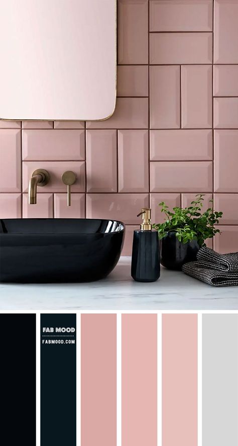 Black and Pink Bathroom Pink And Black Powder Room, Black White And Pink Bathroom Ideas, Pink Wc Ideas, Black Pink Gold Bathroom, Pink And Chrome Bathroom, Pink Black Bathroom Ideas, Pink Shower Tile Ideas, Pink Black Interior, Pink White Black Bathroom