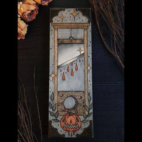 Haunted Woods Pyrography on Instagram: “✨Pumpkin Juice✨ This spooky guillotine was wood burned then painted with watercolor on a thick gallery wood canvas measuring 12” x 4” x…” Spooky Pyrography, Pumpkin Painting Canvas, Haunted Woods, Pumpkin Juice, Corner Protectors, Wood Canvas, Painted Pumpkins, Art Therapy, Pyrography