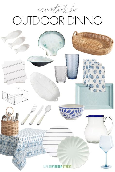 A collection of outdoor dining essentials like melamine plates, napkin holders, acrylic glasses, serving trays and more! Lake House Furniture, Dining Essentials, Shower Combo, Life On Virginia Street, Beautiful Outdoor Living Spaces, Beautiful Home Gardens, Melamine Dinnerware Sets, Outdoor Dinnerware, Outdoor Dining Spaces