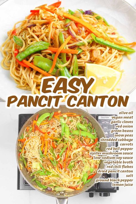 This Pancit Canton is an easy, healthy, and savory Filipino stir-fried noodle recipe that is made with dried pancit canton, vegan meat, oyster mushroom sauce, and fresh vegetable slices. It's delicious, vegan-friendly, and a perfect dish for any occasion. Give this a try! Vegan Pancit, Pancit Canton Recipe, Canton Noodles, Filipino Noodles, Pancit Canton, Fried Noodle, Filipino Food Dessert, Great Vegan Recipes, Vegetable Slice