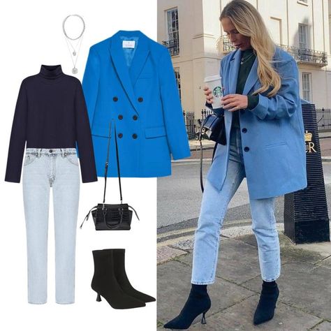 Blazer Azul Outfit, Outfits Con Blazer Azul, Looks Blazer, Oversize Jacket, Virtual Fashion, Oversized Jacket, Blue Outfit, Style Board, Trench Coat