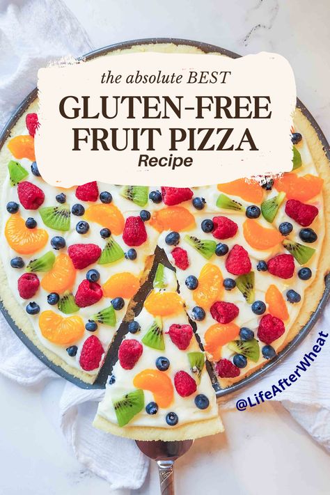 round fruit pizza Gluten Free Fruit Pizza, Chewy Sugar Cookie, Recipe Ideas Healthy, Gluten Free Dairy Free Dessert, Sugar Cookie Crust, Fruit Pizza Recipe, Easy Gluten Free Desserts, Chewy Sugar Cookies, Gf Baking