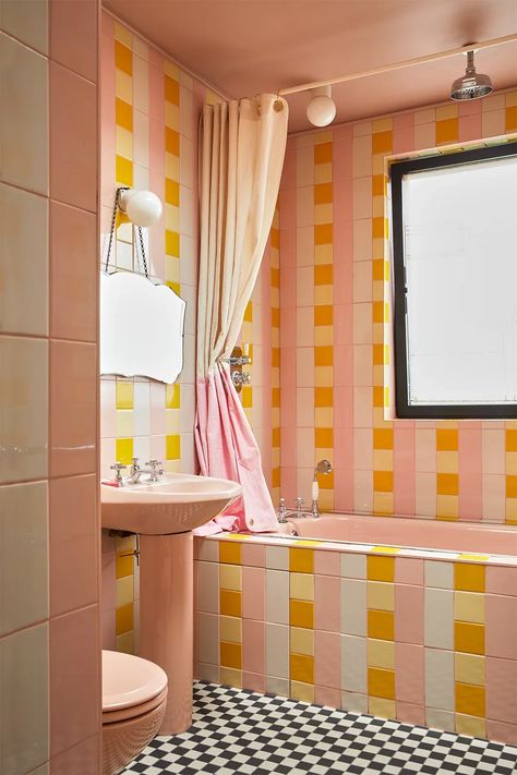 Buchanan Studio, Princess Bathroom, Pink Toilet, Bold Bathroom, Tiled Bathroom, Studio Chairs, Unique Interior Design, Up House, Pink Bathroom